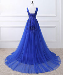 Blue v neck tulle lace long prom dress, blue evening dress