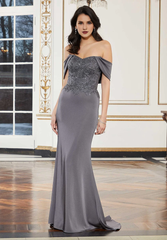 Off shoulder collar with draped crepe and floor length godons evening dresses