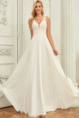 A-line V-neck sweeping trailing sleeveless lace chiffon wedding dress