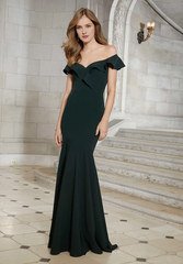 Mermaid off shoulder collar with ruffled edges and ground length godons evening dresses