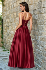 Jimiss A-line V-neck slim shoulder strap backless and floor length evening dress