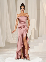 Off shoulder asymmetrical ruffle hem and floor length formal dress