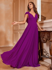 Solid color V-neck hanging back chiffon A-line and floor length Prom Dress - LD Dress