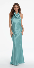 Jimiss halter neckline satin sleeveless off shoulder and floor length Prom dress