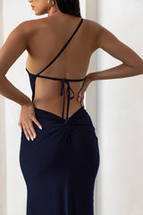 Backless detail shoulder side slit and floor length evening dress - Jimiss Dress