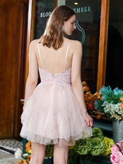 V-neck applique pleated chiffon short Homecoming dress