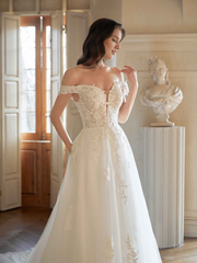 Elegant off shoulder A-line ultra long lace wedding dress