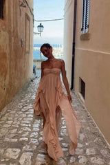 A Line Halter Neck Pink Long Chiffon Prom Dresses