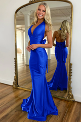 Jimiss mermaid backless long satin bow Prom dress
