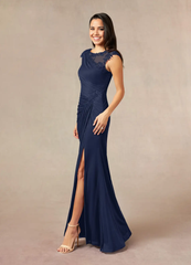 Mermaid Crew Neck Lace Appliques Dark Navy formal dresses evening dress Mother of the Bride Dresses