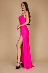 Jimiss satin thin shoulder strap with exposed back side slit and floor length evening dress