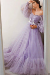 Purple Tulle Lace Long Prom Dresses, A-Line Evening Dresses