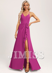A-line V-neck and ground chiffon bridesmaid dress