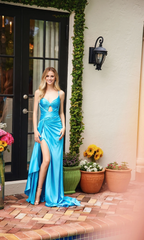 Jimiss V-neck slim shoulder strap pleated backless side slit and floor length evening dress