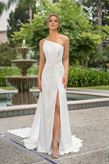 One shoulder fitted trumpet shaped crepe and floor length wedding dress