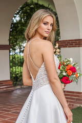 A-line satin deep V-neck beaded body and floor length wedding dress