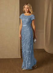 Sheath Scoop Lace Appliques Short Sleeve Dusty Blue Mother of the Bride Dresses