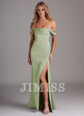 Off Shoulder Side Split Satin and Floor length Bridesmaid Dress - Jimiss Dress