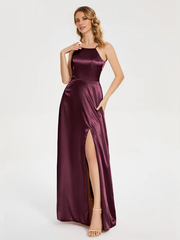 Thin shoulder strap slit backless soft satin and floor length bridesmaid dress