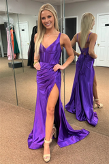 Jimiss mermaid satin V-neck slit and floor length Prom dress