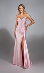 Satin strapless slim evening gown with trumpet shaped tight corset and slit long formal dress