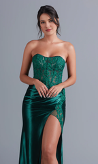 Deep green lace strapless and floor length dress
