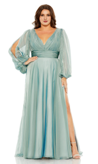 A-line V-neck long sleeved high waisted pleated shirt body Prom dress