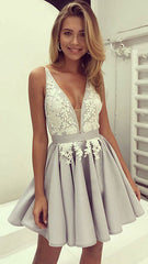 Gray chiffon lace short prom dress, cute homecoming dress