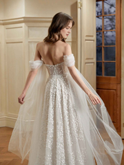Ivory A-line off shoulder sweetheart super long lace wedding dress