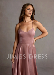 Jimiss slim shoulder strap V-neck backless side slit and floor length Prom dress