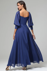 Square neck 3/4 sleeve slit chiffon and floor length bridesmaid dress