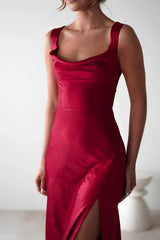 Square neckline satin side slit and floor length Prom dress - Jimiss Dress
