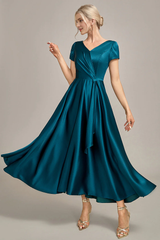 Peacock Green V-neck A-line pleated satin bridal mother gown