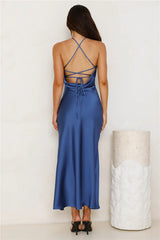 Jimiss halter neckline satin backless side slit long Prom dress
