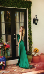 Jimiss Sweetheart Collar Thin Shoulder Strap Open Back Side Fork and Floor length Evening Dress