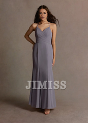 A-line hanging neck collar shoulder exposed chiffon long style evening dress