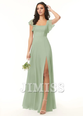 A-line pleated chiffon backless side slit and floor length bridesmaid dress - Jimiss Dress