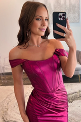 Jimiss minimalist slim fit off shoulder sleeveless pleated high side slit evening gown