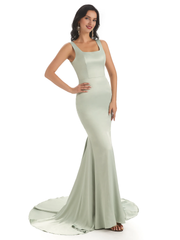 Soft satin unique square neck extra long fish tail bridesmaid dress