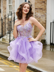 Glitter tight corset top with shimmering chiffon short Homecoming dress