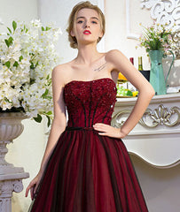 Unique burgundy tulle long prom dress, burgundy evening dress