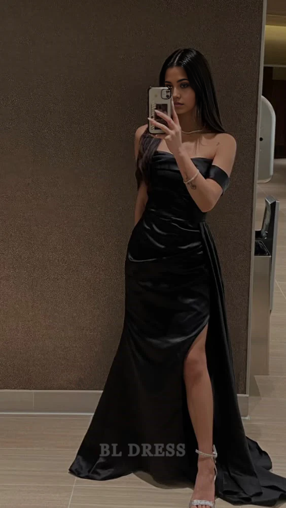 Sheath Off The Shoulder Slit Black Satin formal dresses Bridesmaid Dresses evening gown Prom Dress