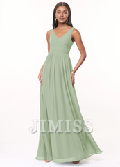 A-line V-neck pleated chiffon and floor length bridesmaid dress - Jimiss Dress
