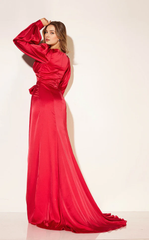 V-neck long sleeved side slit and floor length Prom dress