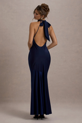 Satin long neck backless mermaid and floor length evening dress - jimiss dress