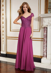 Heart shaped V-neck chiffon sleeve bead embroidery and floor length gown evening dresses
