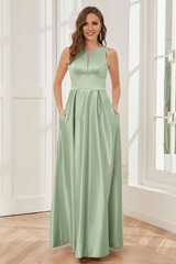 A-line sleeveless satin and floor length bridesmaid dress