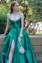 Jimiss thin shoulder strap yellow A-line slit long Prom dress