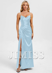 Bodycon straight V-neck floor-length pleated satin prom dress