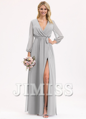 A-Line V-Neck Floor Length Chiffon Bow Pleated Bridesmaids Dress